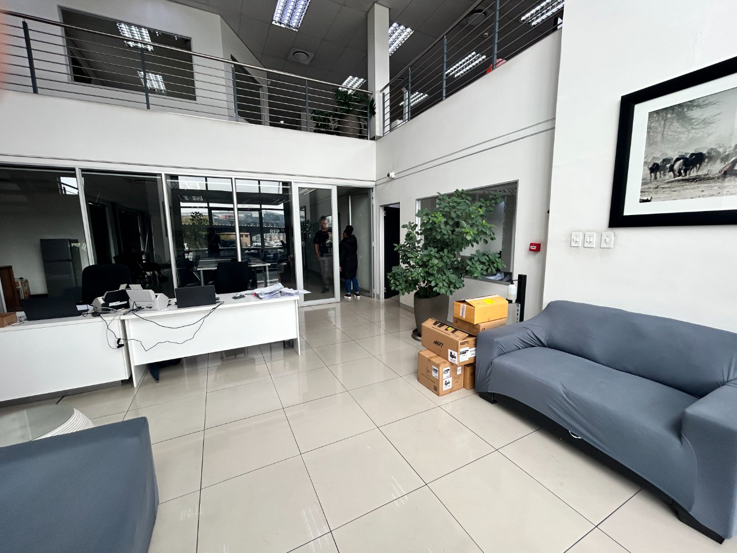 Bright, spacious office reception area featuring modern furniture, large windows, and a mezzanine level with additional workspace and storage.